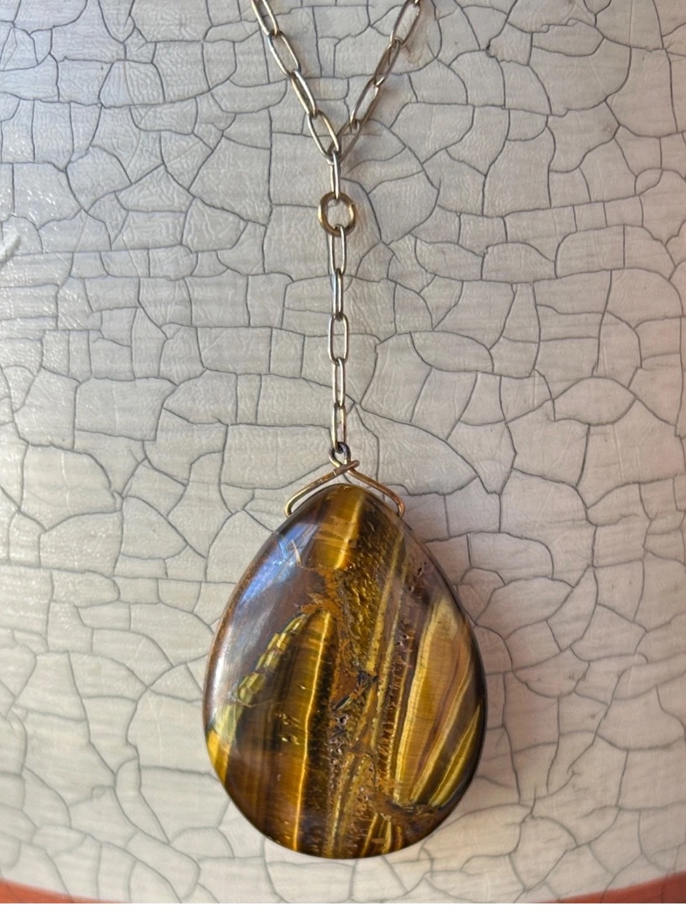 Natural Tiger's Eye 40mm x 30mm Teardrop Stone Stainless Steel Double 20”Chain